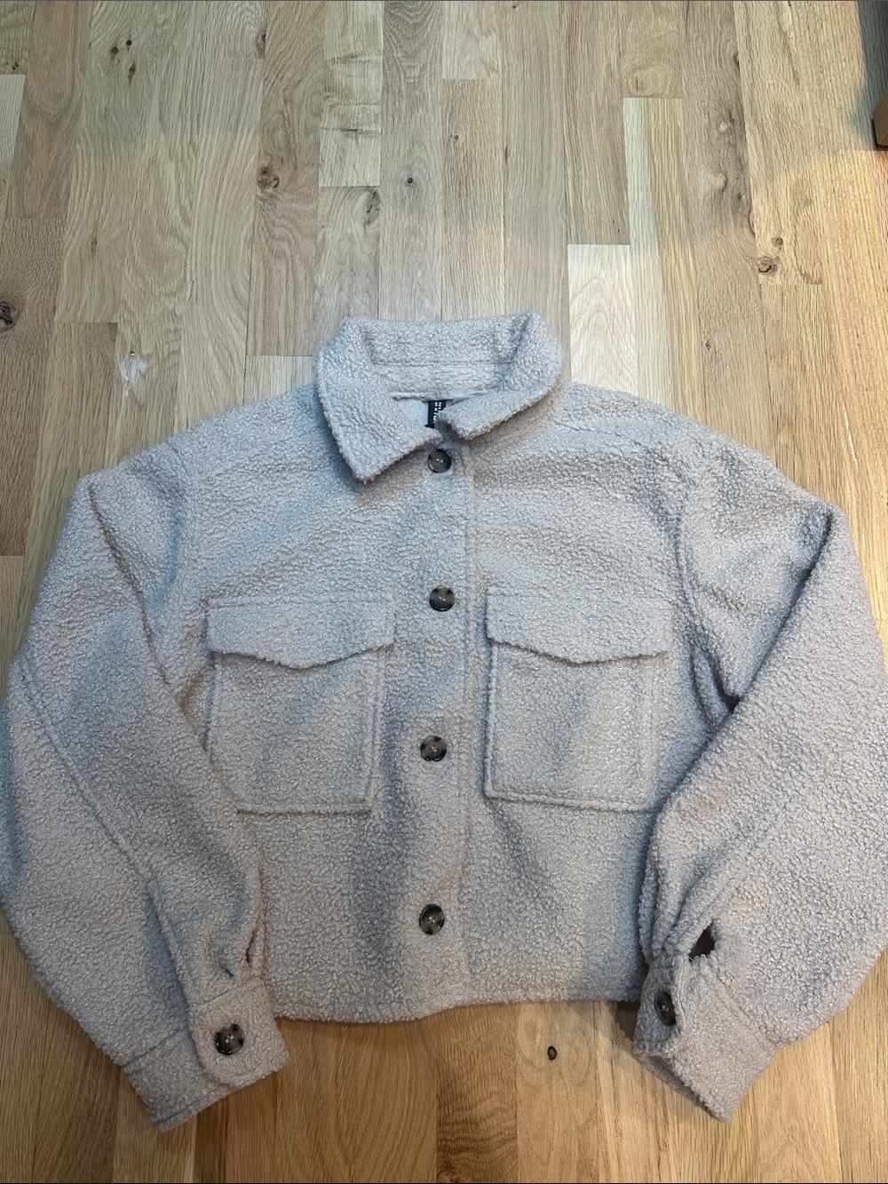 H&M Beige Teddy Sherpa Cropped Button-Up Jacket
